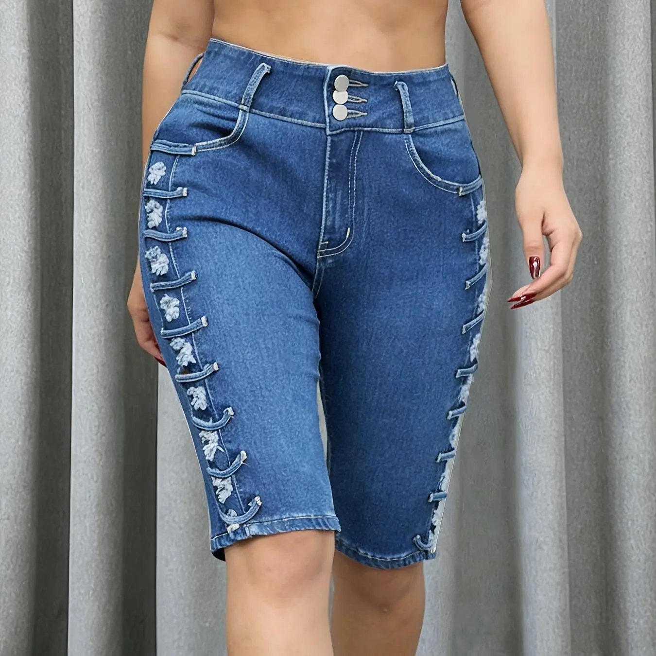 Deep Blue Street Fashion Side Hole Design Pure Tight Elastic Women's Pants for Daily Commuting And Dating, High Waisted Quality Plus Size Women's Denim Shorts