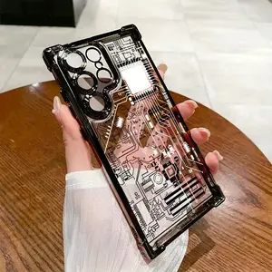 Stylish Black Mechanical Circuit Phone Case for Galaxy S25 S24 S23 S22 S21 FE Ultra Plus 4G 20G Shockproof Transparent Soft Back Cover
