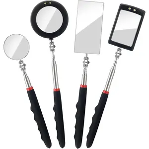 4PCS LED-Lighted Telescoping Inspection Mirrors (2 Packs) - 360-Degree Rotation, Extendable Rectangle & Round, Mechanic Garage Tool for Vehicle Checks, Dressing Table Use for Eyelashes/Mouth, Small Parts Observation, with Bag