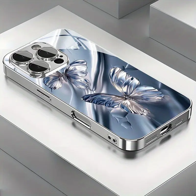 Electroplated Glass Smartphone Casing - Butterfly Pattern Protective Cover, High-End Creative Accessory for iPhone 13-17, 11 Pro Max, Handheld Devices Fashion Cellphone Protection