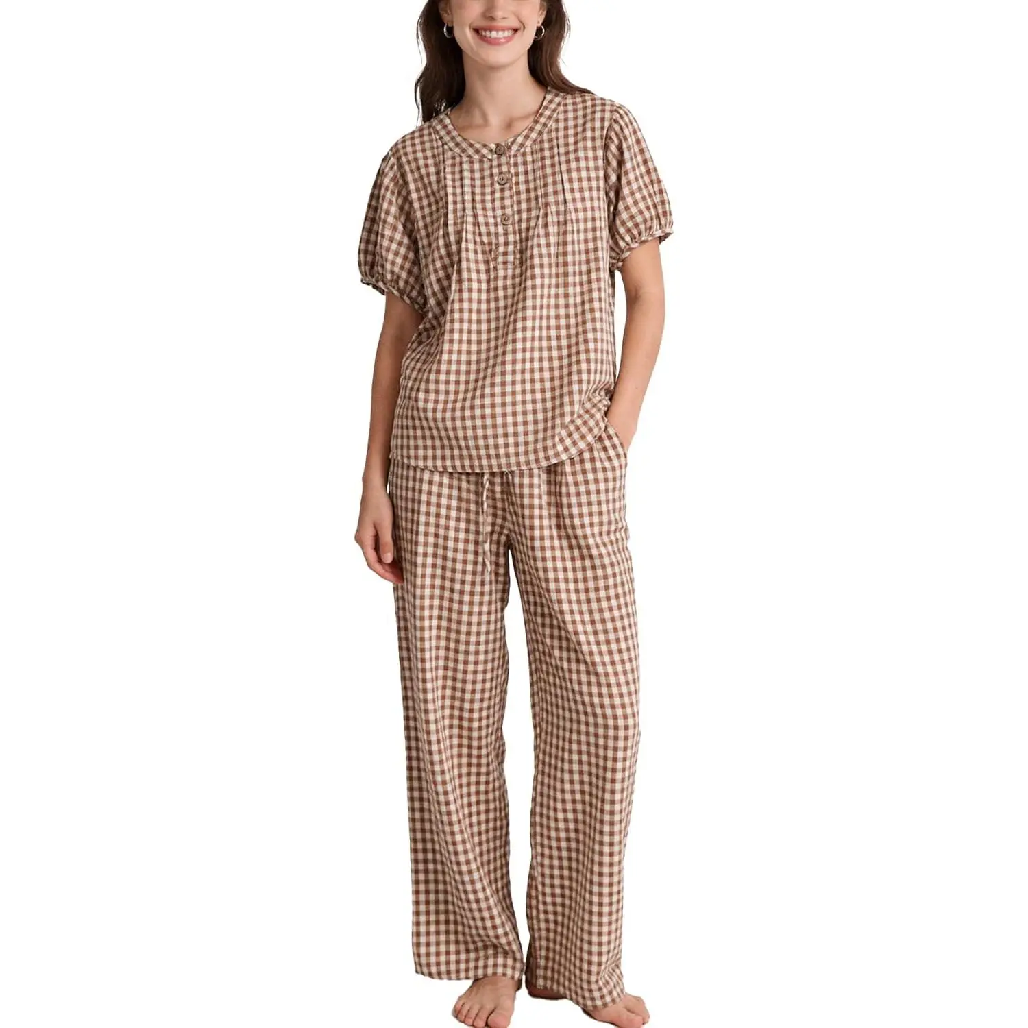 Women's Cottagecore Gingham Pajama Set, 2-Piece 100% Cotton Loungewear with Puff Short-Sleeve Babydoll Top and Loose Fitting Wide-Leg Pants, Shortsleeve, Casual, Loose Fitting Sleepwear, 2 Piece Sets, Women 2 Piece Sets