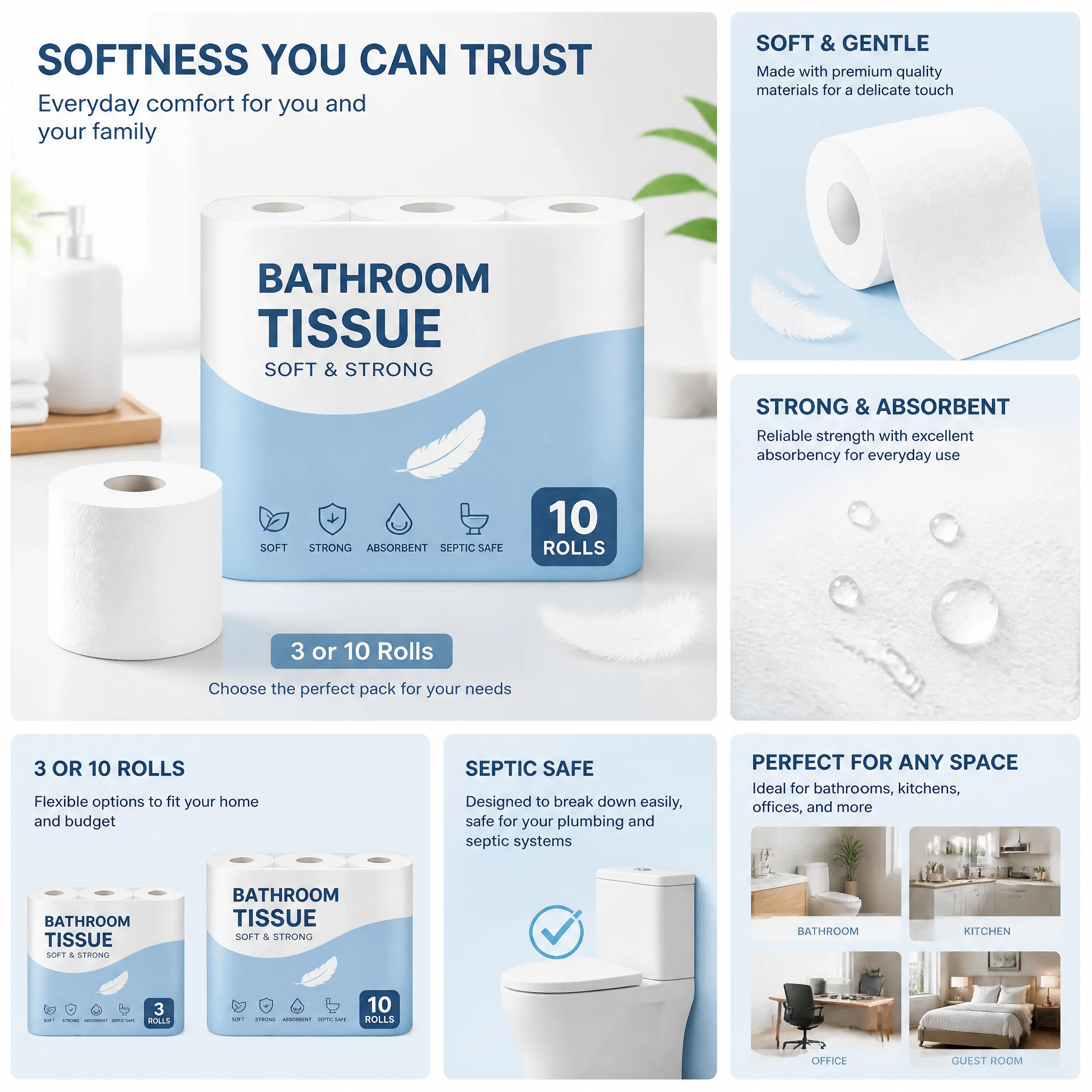 Bulk Ultra Soft 4-Ply Bathroom Toilet Paper Value Packs - 8000 Sheets (10 Rolls), 2400 Sheets (3 Rolls), Thick, Strong, Absorbent, Skin-Gentle, 100% Virgin Pulp, Septic Safe, Home Essentials