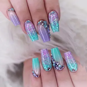 Medium Coffin Press-On False Nails, 24 pcs (12 Sizes), Glossy, Blue Purple Ombre Glitter, Luxury 3D Rhinestone, 1 Nail Glue