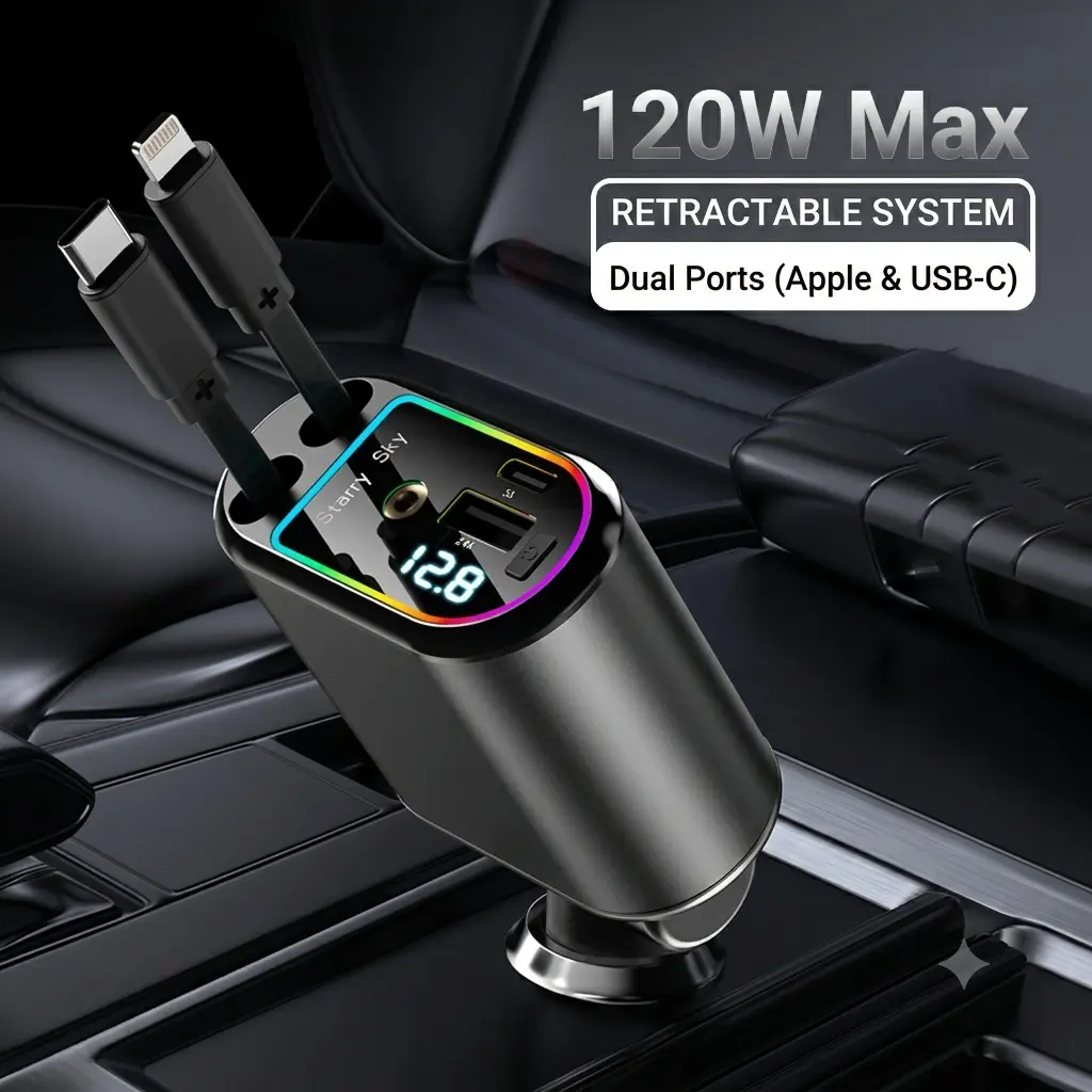 4  in  1  fast  charge Retractable Car Charger Adapter for iPhone 17,4 in 1 Fast Charging Car Phone Charger,120W USB C Car Truck Accessories,Road Trip Essentials Gift for Men Women for iPhone 17 Pro Max/16/15/14/13/12,Galaxy