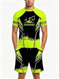 Men's Fluorescent Construction Worker Print Short Sleeve Set, Summer Breathable Sport Two-Piece, with Pockets, Drawstring Waist, Gift Idea