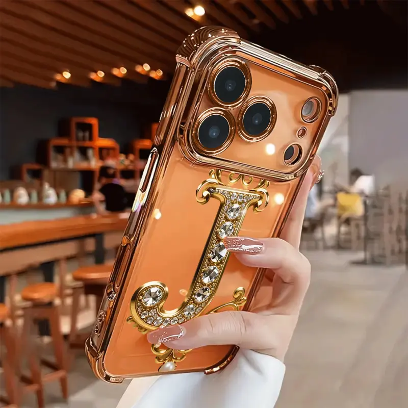 Gift-Ready Diamond & Gold "J" Design TPU Full-Coverage Lens Smartphone Case - Shockproof, Drop-Proof, Non-Slip - Compatible with iPhone 11,X,XS,12,13,13 Pro,14,15,16,17 Series - Cellphone Accessory for Protection