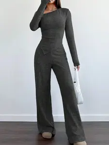 Elegant Women's Two-Piece Set, Long Sleeve Top and High Waist Pants, Casual Solid Color for All Seasons, Comfortable Daily Wear