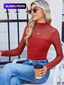 Women's Mesh Sheer Long Sleeve Ruched Top, Sexy Fitted High Neck, Fashion Chic Casual Versatile Basic Base layer