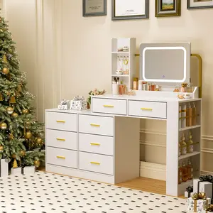 Pamapic 67" Vanity Desk with 15 Storage Spaces, Golden Handles Vanity Mirror with Lights and Upgraded Silent Slides 8 Drawers, Adjustable Width Makeup Vanity with Charging Station