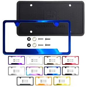 Silicone Back Guard Bottom Cut Out Corner License Plate Frame Blue Mirror Chrome Electroplating Universal Fit Aluminum Screw On Cap Cover, T304 Stainless Steel, Rust Proof Weather Proof (Qty: 1 Frame)