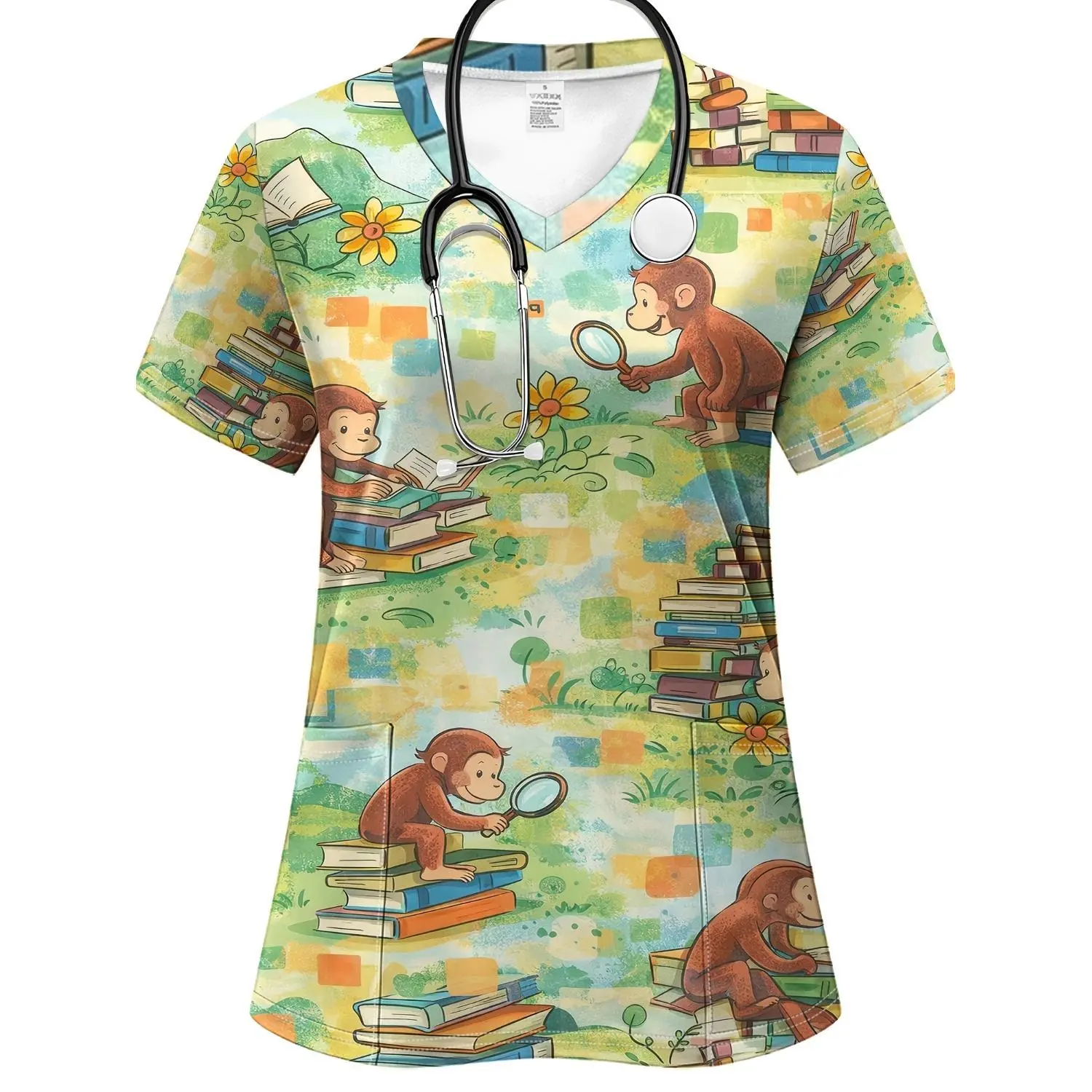 Women's V-Neck Short Sleeve Scrub Top - Cartoon Monkey Reading & Nature Exploration Fun Print - All-Over Knowledge & Nature Theme Workwear - Comfortable Breathable Daily T-Shirt for Nurses, Veterinarians, Librarians