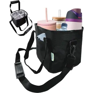 4 Water Bottle Holder with Strap | Family Size 4 Compartment Drink Bag, Multiple Tumbler Carrier Caddy | Adjustable Fits Large & Small Drinks | Hands Free, Won't Tip Over in Car