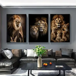 3Pcs Animal-Themed Canvas Poster  Lion Family Scenic Painting  Printed Canvas Wall Art Set  Artwork Wall Painting For Gift   Office  Living Room  Wall Decor  Home Decoration  Wooden-Frame Decor With Light Postersposters decor with light