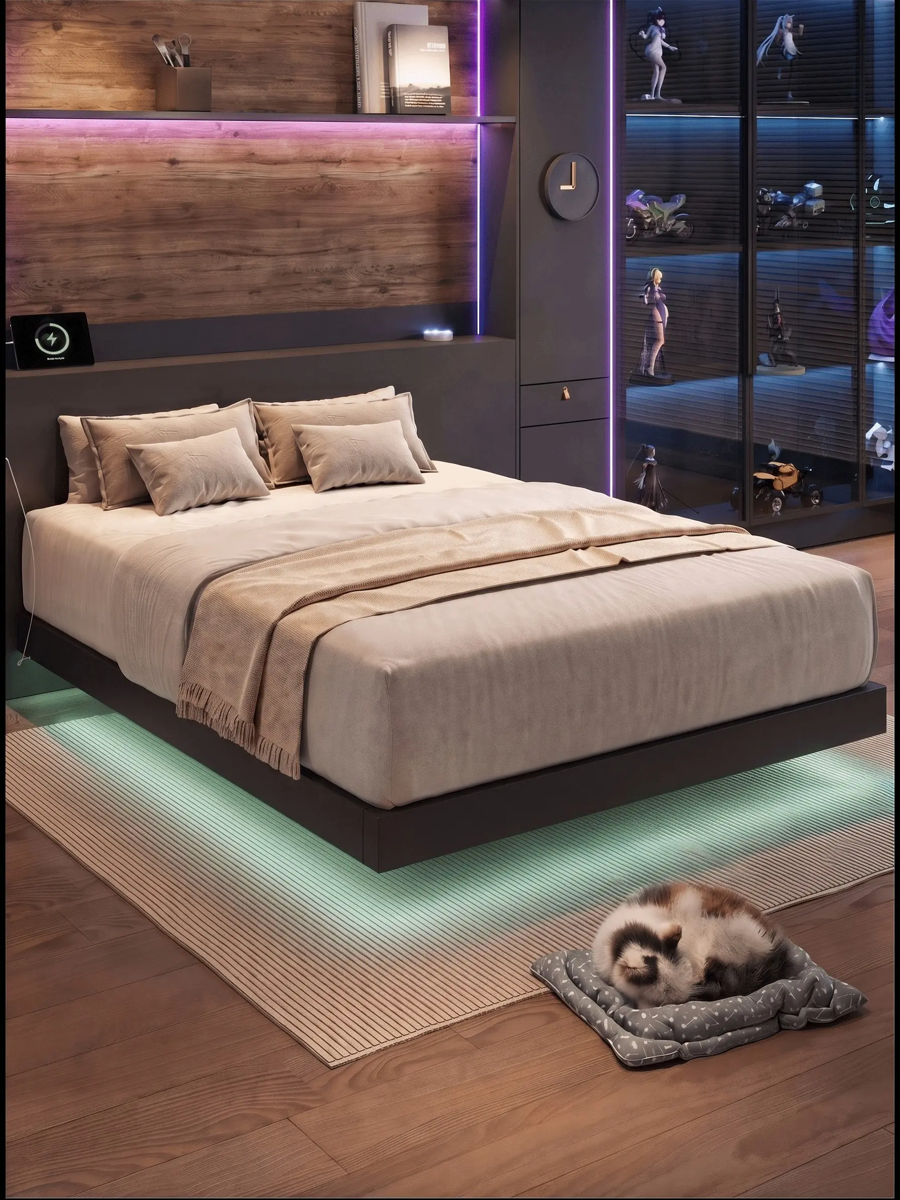 【SummerFinds】ONBRILL LED Floating Bed Frame, Full/Queen Bed Frame with Power Outlet, Heavy Duty Metal Platform Bed Frame, Camas Queen, Easy Assembly, No Box Spring Needed, Noise-Free, Bedroom Furniture