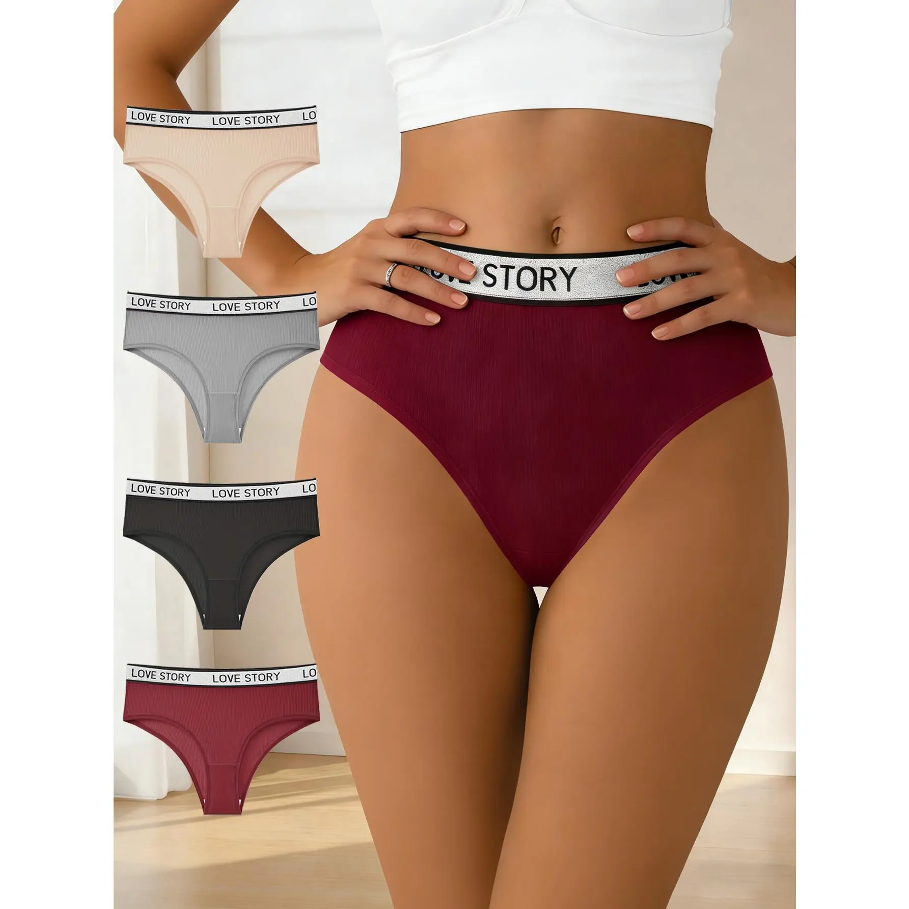 QUASTI Women's 4-Piece Mid-Waist Letter-Detailing Colorblock Cotton Panties, Seamless Breathable Skin-Friendly Stretchy Fit Underwear, Comfortable Mix-Color Bikini Briefs for Daily Wear, S-XXL