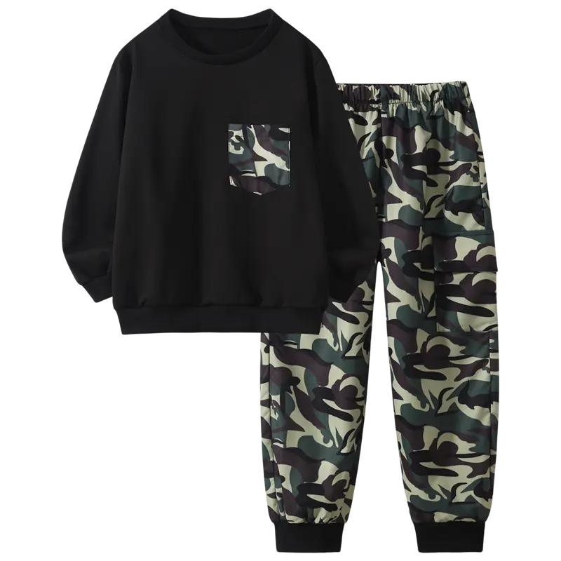 2-piece boy spring printed round neck fashion jacket elastic waist casual camouflage pants 3-12 years old children comfortable outdoor durable children's wear Costumes