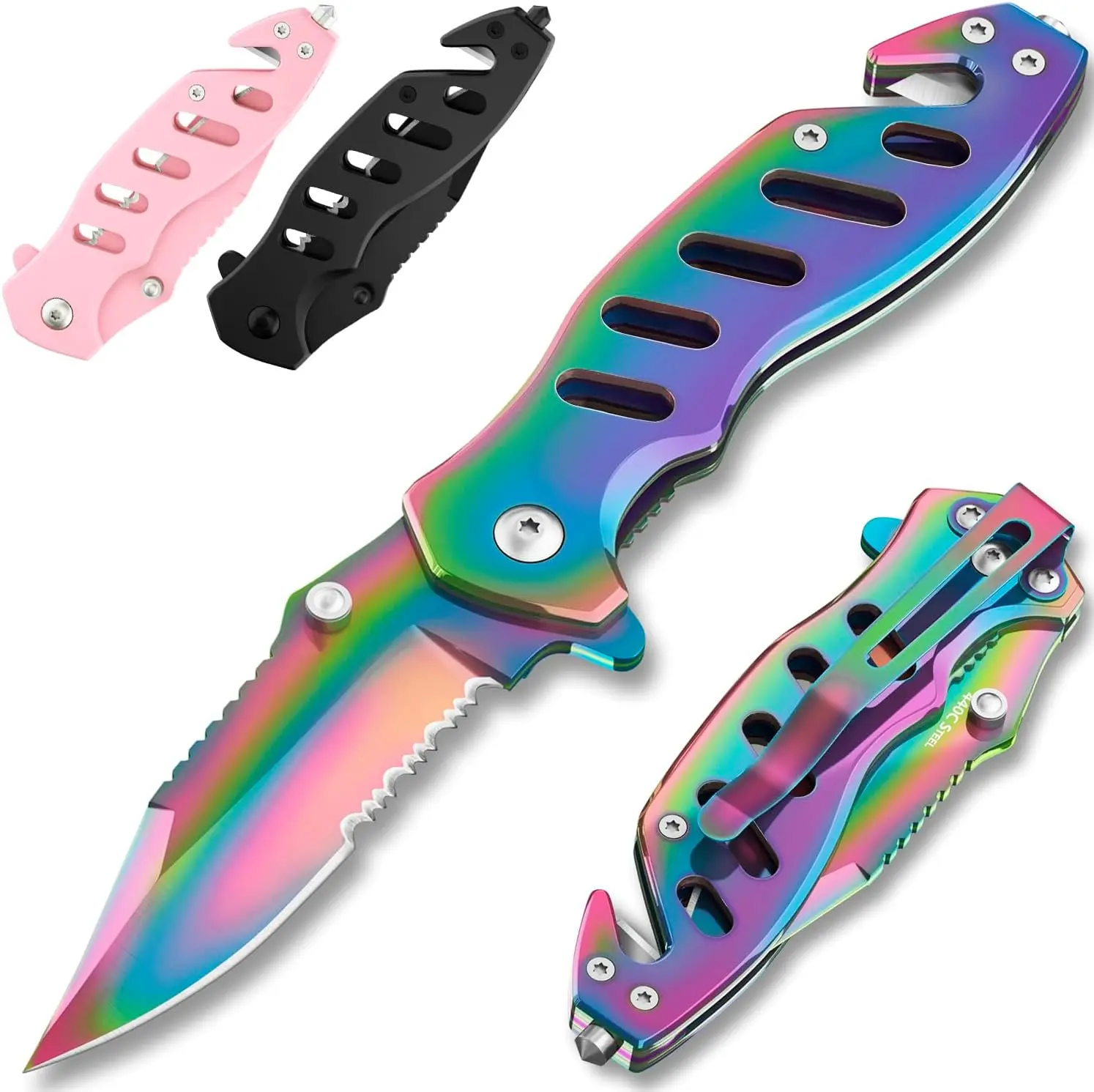 Women's Legal Stainless Steel Rainbow Pocket Knife - 2.68'' Sharp Serrated Blade, Glass Breaker, Seatbelt Cutter - Cute Small Folding EDC Self Defense Knife 6655 R, 2.68'' Blade