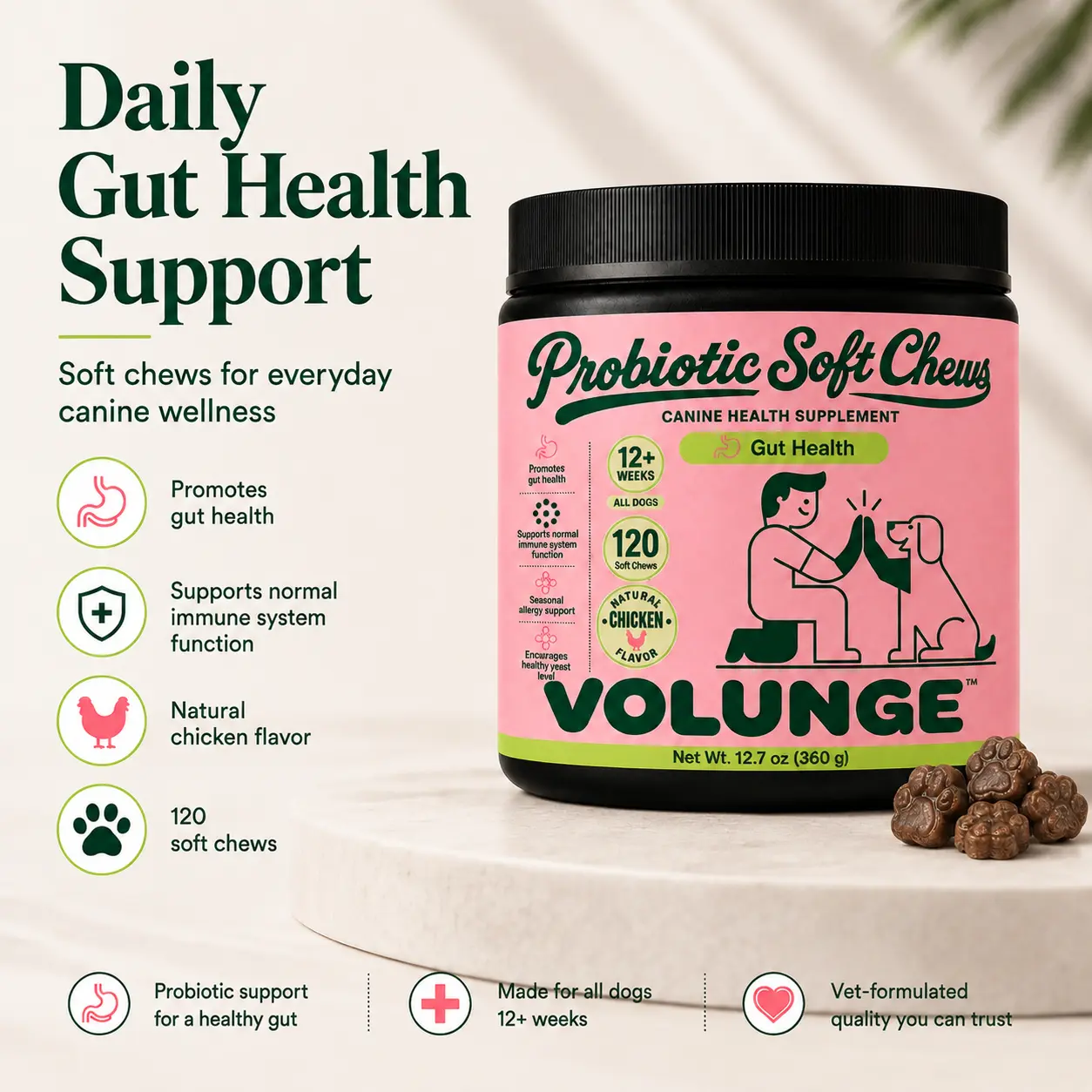 Dog Probiotic Soft Chews, Chicken Flavor Daily Supplement for Gut Health Support, Digestive Wellness & Immune Function Support, 120 Chews