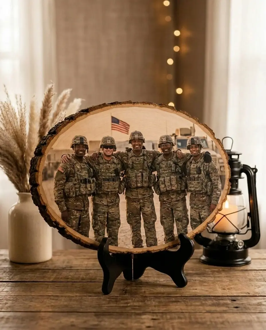 Personalized Military & Veteran Photo Wood Sign | Custom Live Edge Plaque with Your Service Member Picture Printed Edge-to-Edge | Veterans Day, Memorial Day, Homecoming, Army Navy Marine Gift