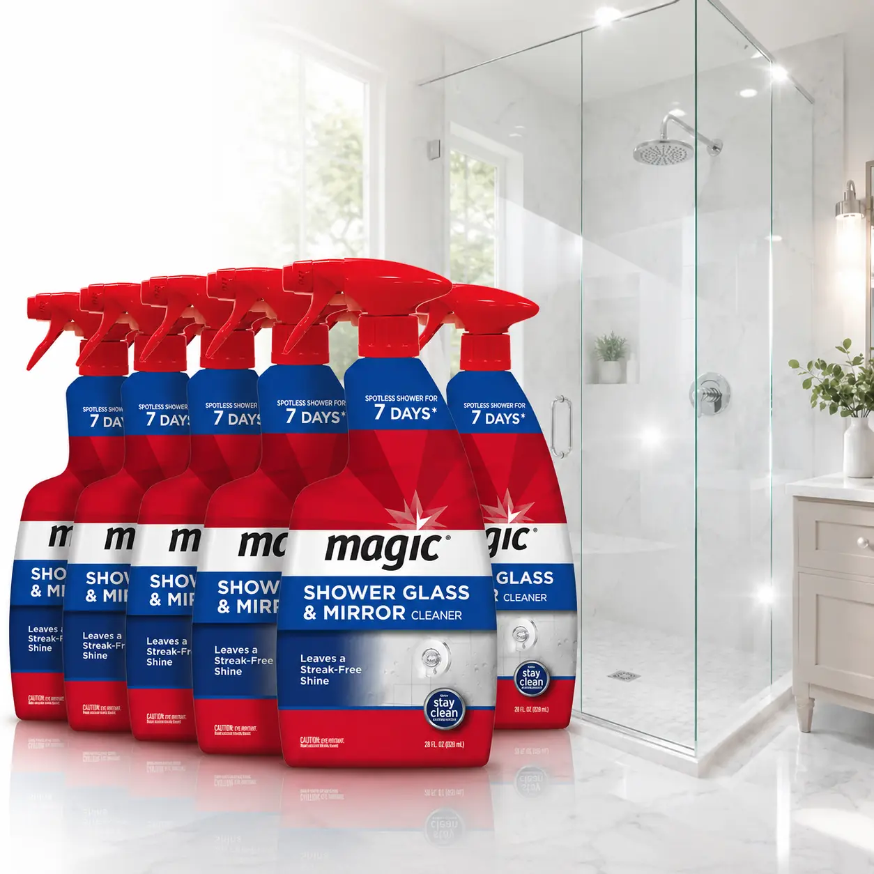 Pack 6 Magic 28 oz. Glass Cleaner with Stay Clean Technology, 7-Day Protective Coating Repels Soap Scum & Hard Water, Easy Spray & Wipe for Streak-Free Shine on Glass & Mirrors, Leaves Invisible Shield for Lasting Clean & Fog-Free Surface