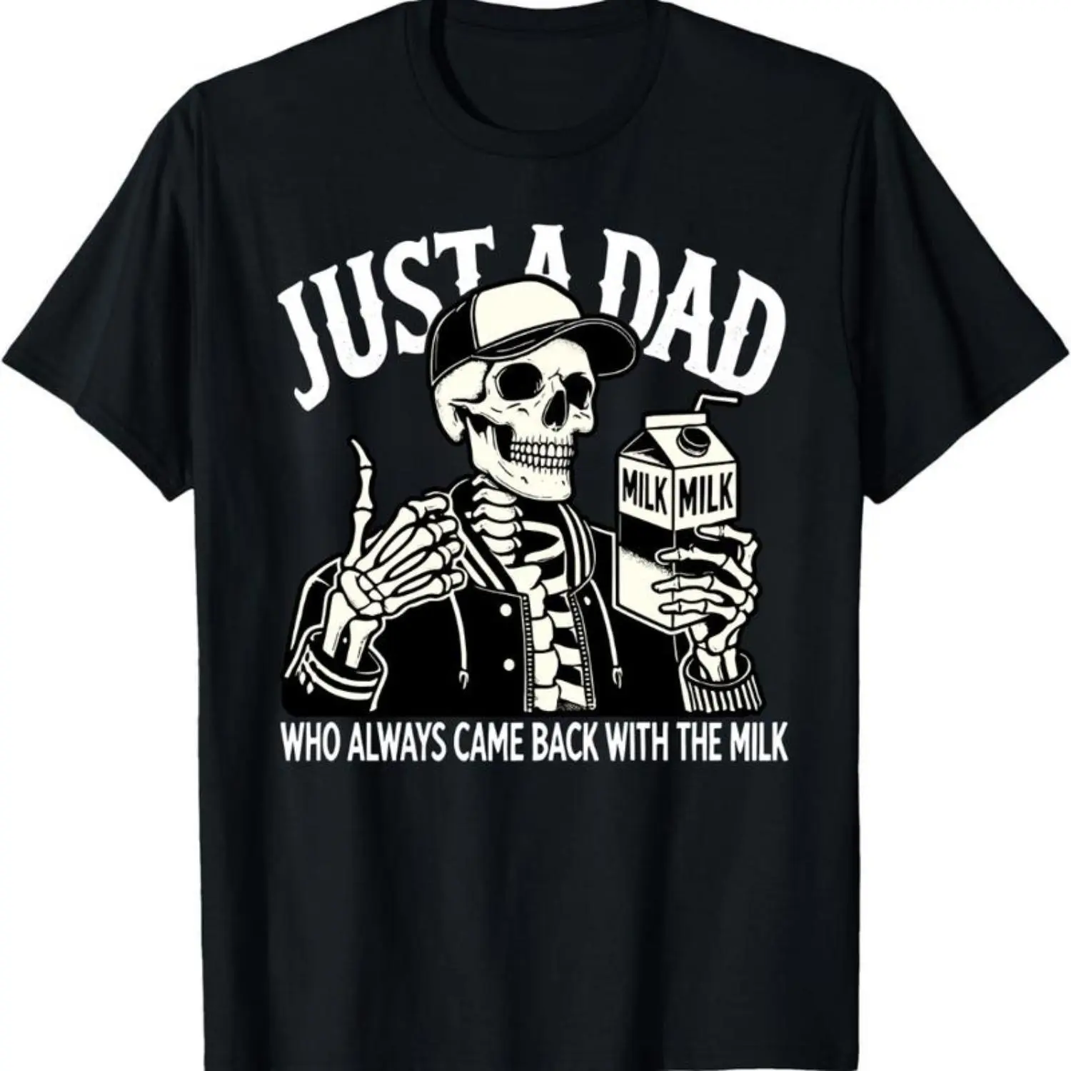 Women's Breathable Crew Neck Cotton Shortsleeve Graphic Print T-Shirt - Retro Dad Skeleton "Always Came Back With The Milk" Funny Father's Day Gift, Casual Streetwear Top, Machine Washable
