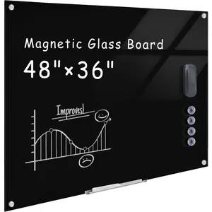 Glass Whiteboard,48"x36" Wall Mounted Frameless Dry Erase Board for Office,  & School Black