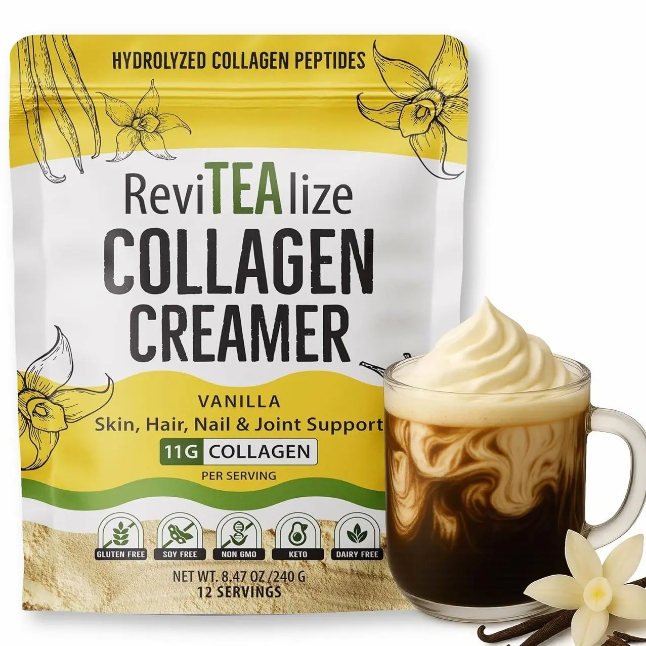 ReviTEAlize Collagen Creamer for Coffee - Grass Fed Collagen Peptides Powder with MCT Oil for Hair, Skin, Nails & Joint Support | Gluten Free, Dairy Free, Sugar Free & Keto Friendly | 11g of Protein Per Serving | Vanilla