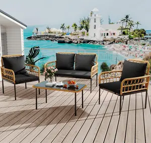 【GARVEE】4-Piece Outdoor Patio Furniture Set with L-Shaped Sectional, Cushions, Side Table, and 5-Seat Bohemian Rattan Conversation Set for Stylish Outdoor Living