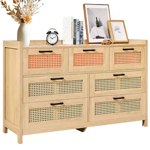 【Summervibes】VEVOR 7 Drawer Rattan Dresser, Natural Rattan Wood Dressers with LED Light, Modern Wood Chest Clothing Organizer & Storage Boho Dresser with Sturdy Handles & Legs, for Bedroom, Living Room & Hallway