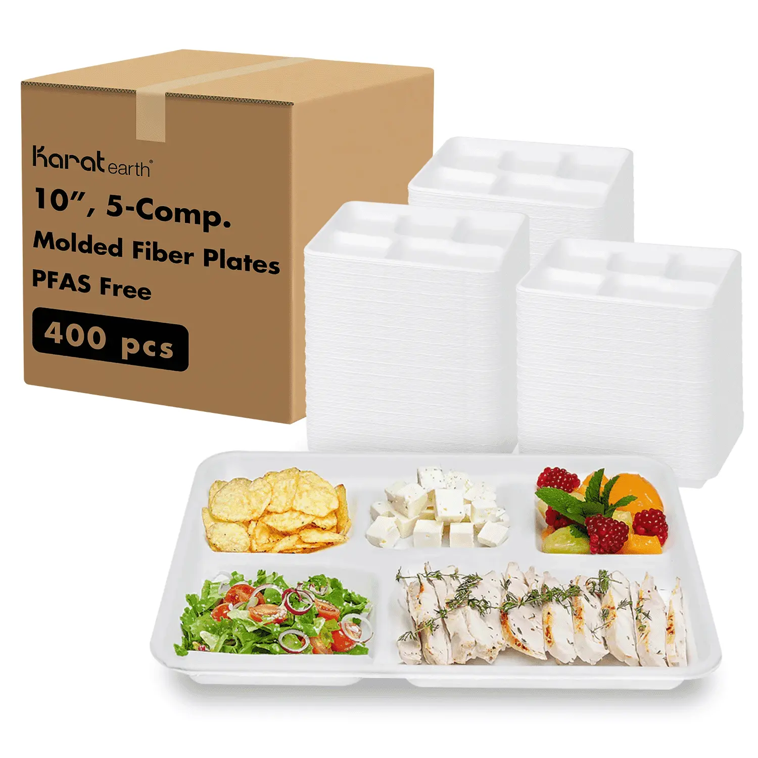 Karat Earth 10''x8'' PFAS Free Eco-Friendly Bagasse Tray, White, 5-Compartments - 400 pcs Karat Earth 10''x8'' PFAS Free Eco-Friendly Bagasse Tray, White, 5-Compartments - 400 pcs