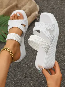 Women's White Flat Platform Slide Sandals Braided Woven Criss-Cross Straps Cut-Out Details 2026, Square Toe Open Toe Boho Maximalist, Layered Wavy Grooves Sole, Anti-Slip EVA, Beach Poolside Vacation, Pairs with Denim Shorts Dresses Gold Anklets