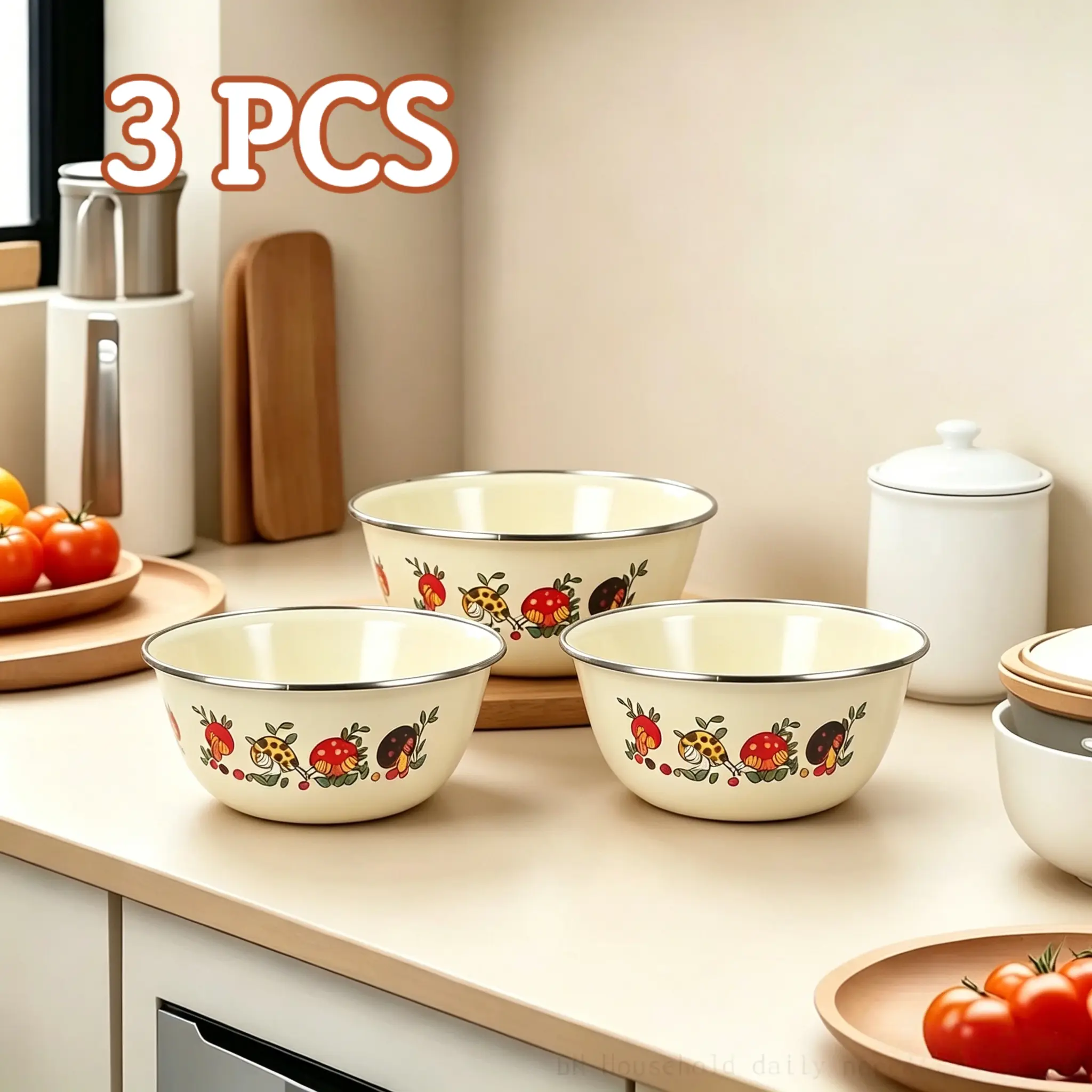 3-Pack Cute Aesthetic Vintage Floral Print Enamel Mixing Bowls - Ergonomic, Lightweight, Sturdy, Shatterproof, Dishwasher-Safe Tableware for Picnics, Easter; Freshness-Boosting Perfect Gift Kitchen Supplies