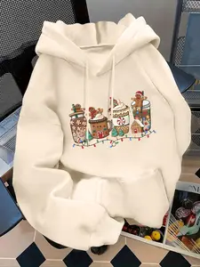 Women's Fashion Hoodie Christmas Cookie Man & Milk Tea Print Kangaroo Pocket Sweatshirt, Long Sleeve Casual Fall Winter Wear