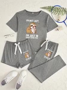 Cute Sloth Three-Piece Home Set, Cartoon Pattern, Loose-Fitting, Casual Style, All Seasons, Comfortable Sleepwear for Adults