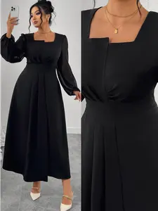 Elegant Aesthetic Plus Size Fitted Long Woven Fabric Long Sleeve Dress for Women, Womenswear Casual Wear Fashion Chic Style, Perfect for Parties, Dates, Travel, Spring & Fall