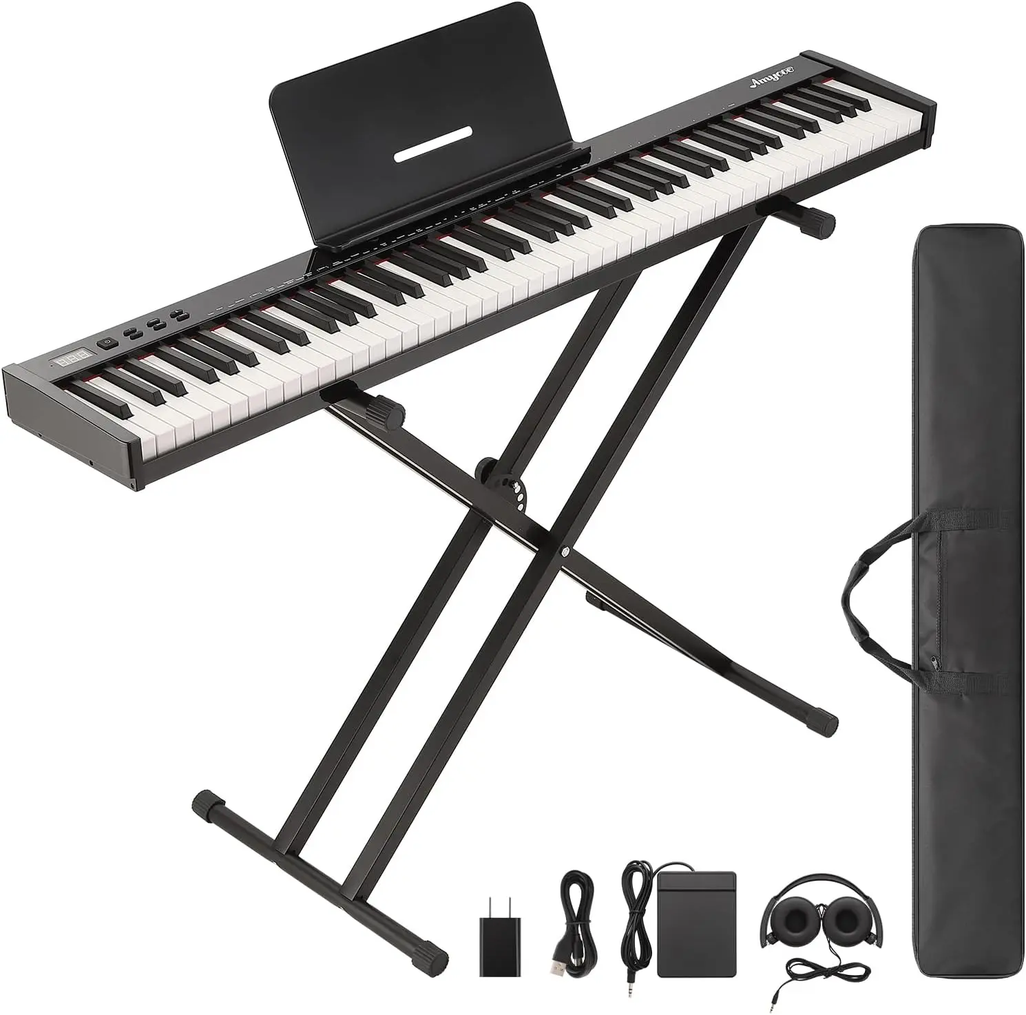 88-Key Full-Size Portable Electronic Piano Keyboard for Music Students, with Stand, Sustain Pedal, Headphones, Power Adapter, Carrying Bag, Built-In Recording Function, 128-Note Polyphony, 129 Tones, 30 Demo Songs, Easy to Transport