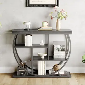4-Tier Entryway Table, Industrial Console Sofa Table with Storage Shelves, Narrow Wood Accent Tables with Half-Circle Metal Base for Living Room, Hallway, Foyer
