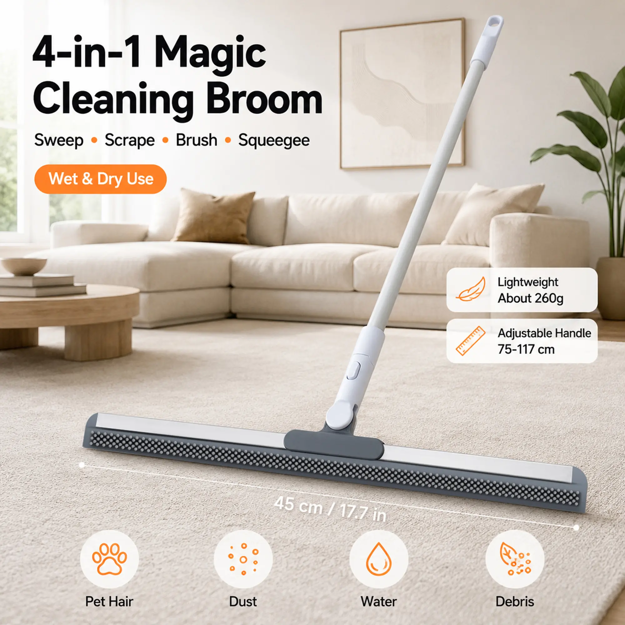 4-in-1 Long-Handled Adjustable Squeegee Mop Broom - High-Density Silicone Pet Hair Remover, Retractable 180° Rotatable, Streak-Free Home Care Supplies for Carpet & Bathroom Floor，magic scrub room, Long-Handled Adjustable Brooms, Squeegee Mop Brooms