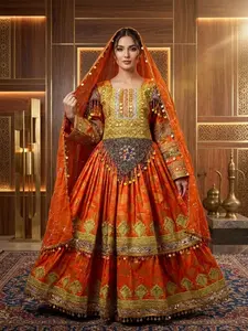 Luxury Afghan Traditional Dress for Women with Matching Veil – Handmade Embroidered Ethnic Maxi Gown, Bohemian Wedding Party Outfit, Cultural Formal Dress