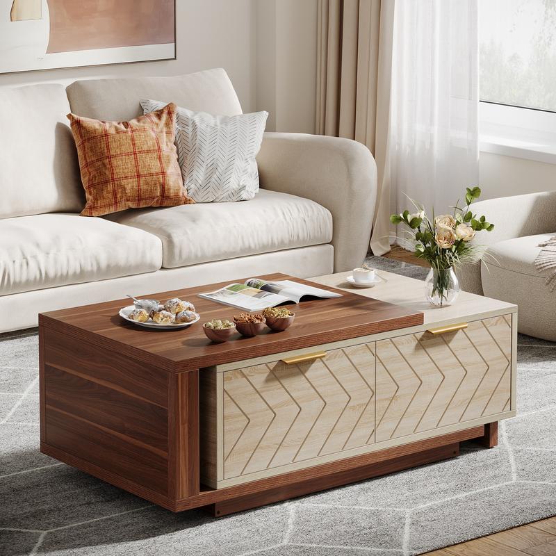 Tribesigns Extendable Coffee Table, 42"-65" Length Adjustable Reversible Wood Coffee Table with 2 Storage Drawers for Living Room, Large Long Rectangular Dual-Tone Center Table, Walnut & Oak