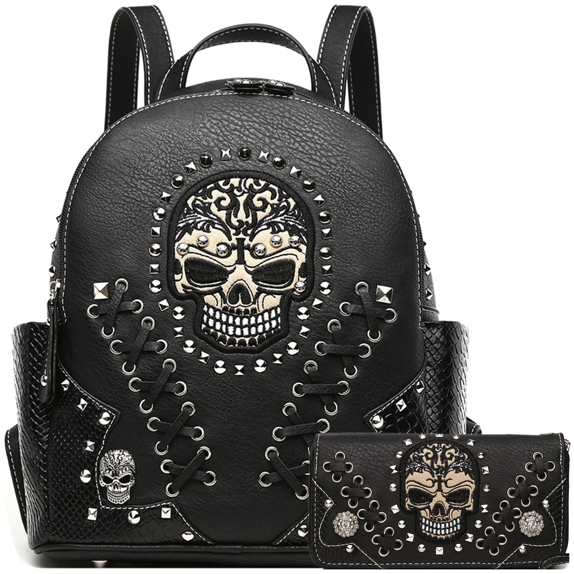Edgy Black Leather Skull Backpack & Wallet Duo | Studded Lace-Up Crossbody & Shoulder Bags | Trendy Gift for Parties