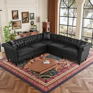 99.4" X 99.4" L Shaped Couch Faux Leather Sectional Couch with Three Pillows Chesterfield L Shaped Sofa 5 Seat PU Leather Sectional Couches for Living Room