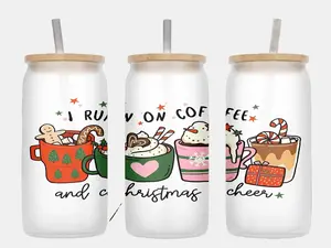 Snowman and Gingerbread Man, Frosted Glass Can, Christmas, Cute Holiday Cup, 16oz Glass Cup with Bamboo Lid and Straw, Frosted Tumbler, I run on Coffee