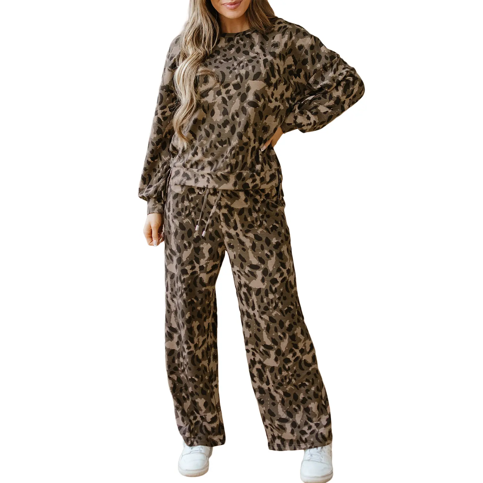 Hotapei Women's Leopard Print Two Piece Outfits Long Sleeve Drop Shoulder Pullover Sweatshirt Top and High Waist Drawstring Wide Leg Pants Set Casual Loose Fit Tracksuit Loungewear Matching Sweatsuits Fall Winter Trendy Clothes Everyday Wear