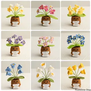 Handmade Knitted Decorative Floral Potted Ornament, Finished Yarn Artificial Flower Desktop Decor, Handheld Card Doll for Home Indoor Display & Warm Gift Craft