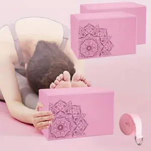 3pcs yoga block and stretching band set, non slip surface, suitable for home gym, Pilates stretching, fitness training (rose red/gray/purple)
