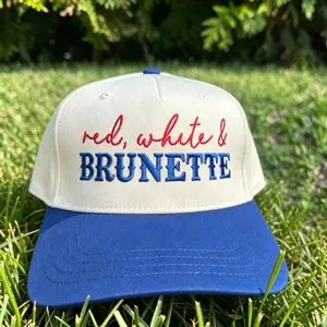Red White & Brunette Trucker Hat, Country Concert Cowgirl Snapback Cap, Patriotic Americana Outfit Accessory for Beer Olympics (Festive Party Supply)