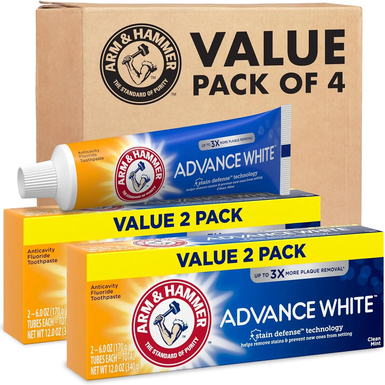 ARM & HAMMER Advance White Toothpaste, Clean Mint, 6.0 oz, 4-Pack | Teeth Whitening Toothpaste, Natural Whitening with Baking Soda, Stain Defense Technology, Fluoride