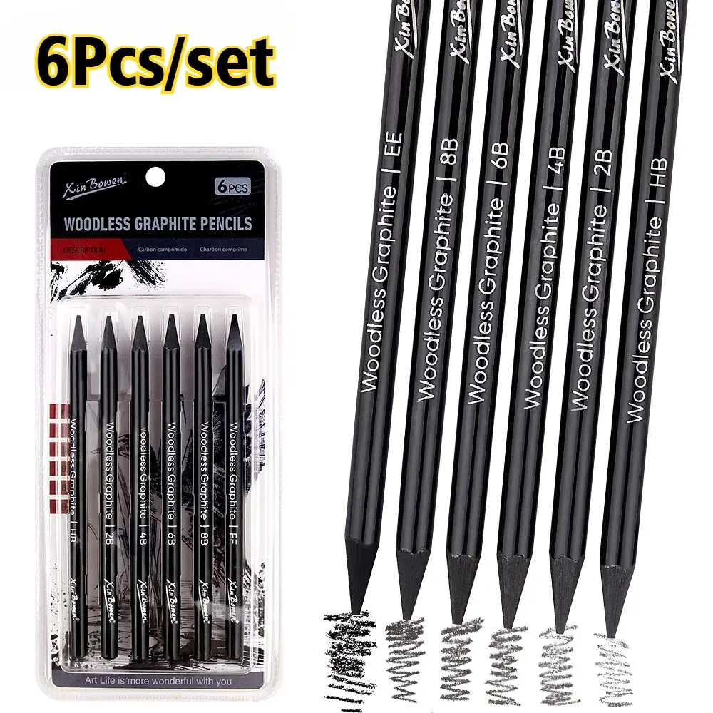 6Pcs Wood Free Graphite Sketching Carbon Pencil Set, Artists Draw Solid Charcoal Pencils，Multi Functional Art Supplies, Drawing Pencils Set, Art School Supplies