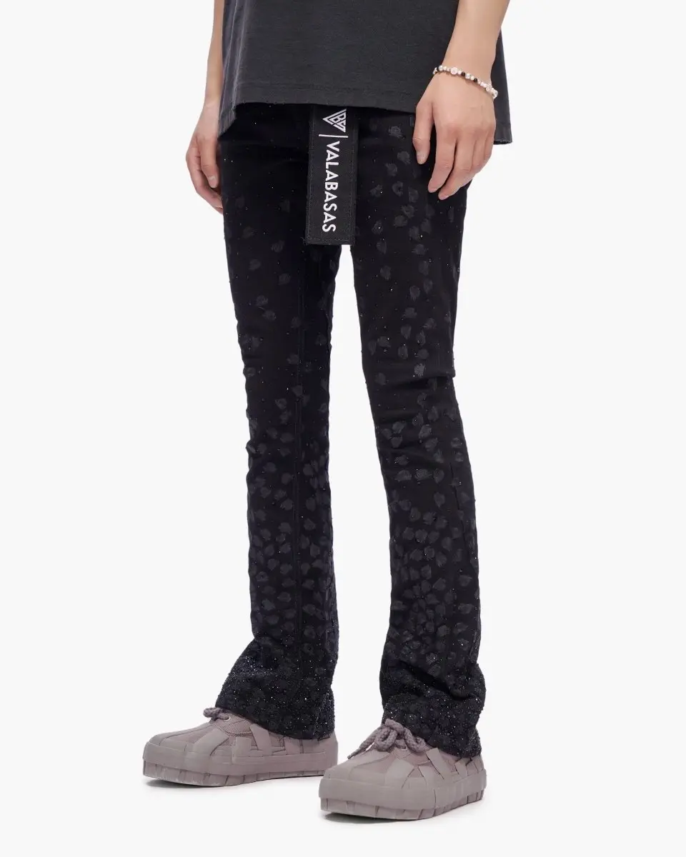 Men's Jet Black Stacked Fit Jeans, Streetwear Stretch Cotton Denim with Rhinestones and Zip Fly, True-to-Size, Menswear